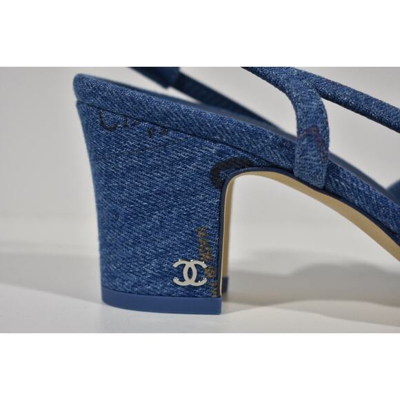 Chanel 22P Mademoiselle Coco Sling Light Blue Denim Slingback Sandal Heel 40.5 - Picture 3 of 10